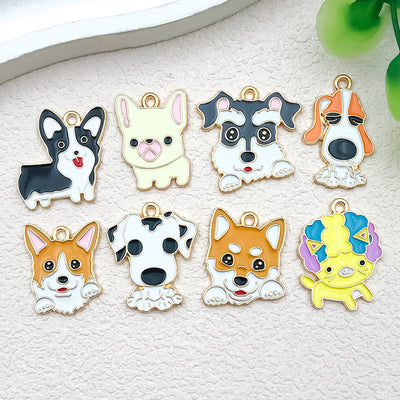 Colorful dog charms arranged on a light background