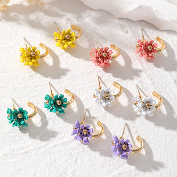 Gold Tone Triple Flower Small Hoop Earrings in Five Colors