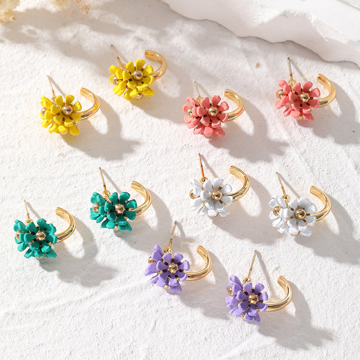 Gold Tone Triple Flower Small Hoop Earrings in Five Colors