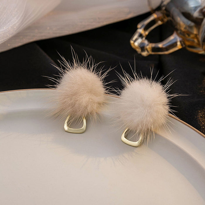 Beige Fur Pom Pom Stud Earrings with Gold Open D Ring