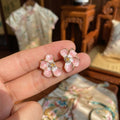 Pink Four Petal Flower Gold Tone Small Stud Earrings view 6