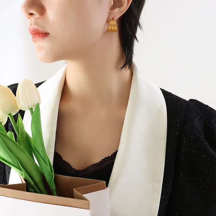 Gold Steel Titanium Disc Mesh C-Shape Stud Earrings Hoop Style