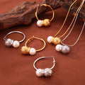 Gold Steel Hammered Ball Pearl Necklace Hoop Earring Set view 3