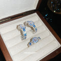 Silver Square Blue Clear Crystal C Open Ring and Hoop Earrings view 4