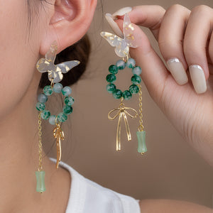 Green Beaded Hoop Drop Earrings with Marbled Butterfly Top and Bow Charm