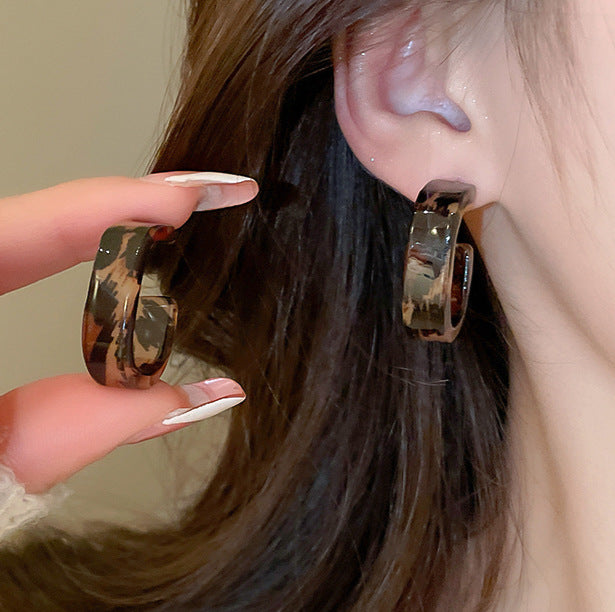 Leopard Print Resin U Hoop Stud Earrings Statement Pair