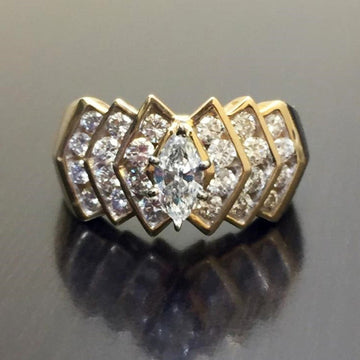 Wide Gold Tone Geometric Crystal Statement Ring with Clear Crystal Details