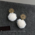 Gold Openwork Flower Black Zircon White Pom-Pom Drop Earrings view 4