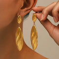 Long Brushed Stripe Leaf Drop Stud Earrings Gold Steel view 3