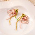 Pink Seed Bead Flower Tassel Drop Earrings Gold Accents view 3