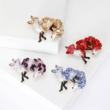 Enamel Gemstone Fox Brooch Red Champagne Purple Blue