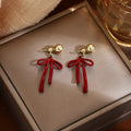 Red Ribbon Bow Two Part Extra Long Dangle Stud Earrings view 4