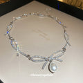 Silver Rhinestone Bow Link Pearl Drop Choker Single Style view 4