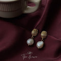 Gold Tone Ribbed Oval Stud Baroque Pearl Drop Earrings view 6