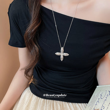 Silver Tone Crystal Cross and Star Pendant Necklace