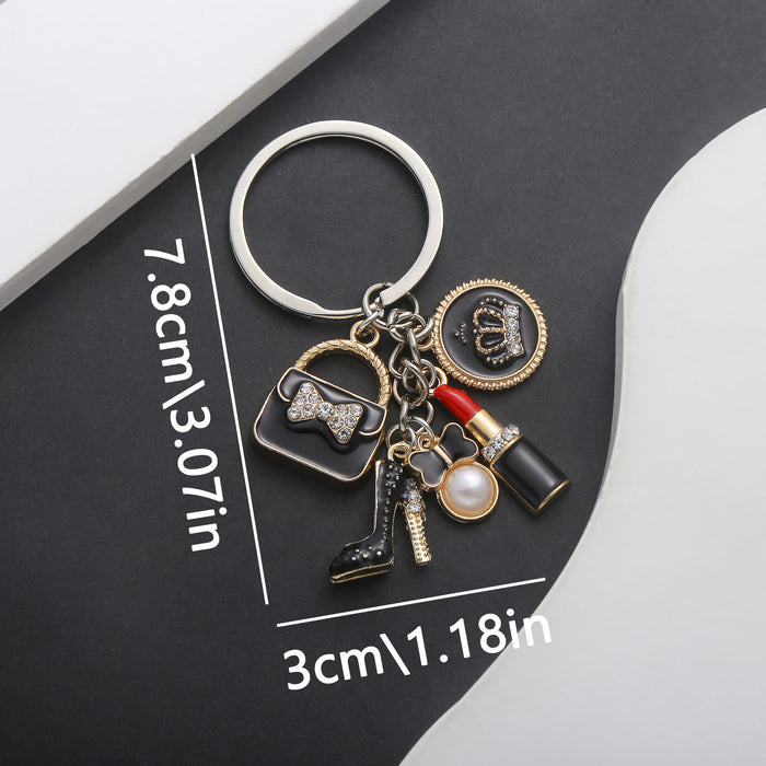 Black Handbag Crown Lipstick Heel and Pearl-Look Keychain