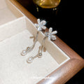 Silver Tone Flower Chain Earrings with Pearl Drops view 3