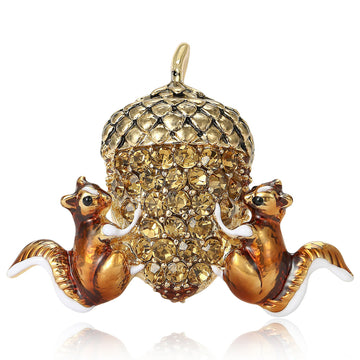 Squirrel Acorn Brooch Brown Enamel Gold Crystal Nut Pin