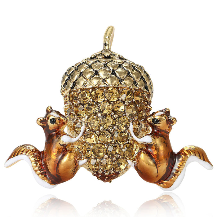 Squirrel Acorn Brooch Brown Enamel Gold Crystal Nut Pin