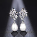 Silver Tone Leaf Crystal Pearl Drop Earrings Polished Metal Jewelry view 3