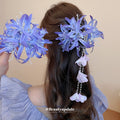 Purple Spider Lily Flower Hair Claw With Pink Petal Chain Tassels view 1