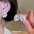 Sculpted Flower Stud Earrings With Pale Inlays In Two Colors view 2