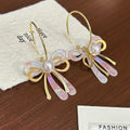 Pink Iridescent Bow Pearl Look Statement Long Hook Earrings view 3