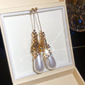 Long Teardrop Earrings with Metallic Sequins and Faux Pearls view 1