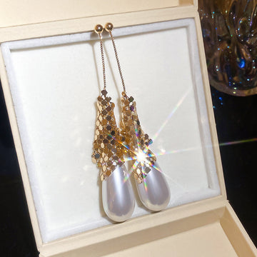 Long Teardrop Earrings with Metallic Sequins and Faux Pearls