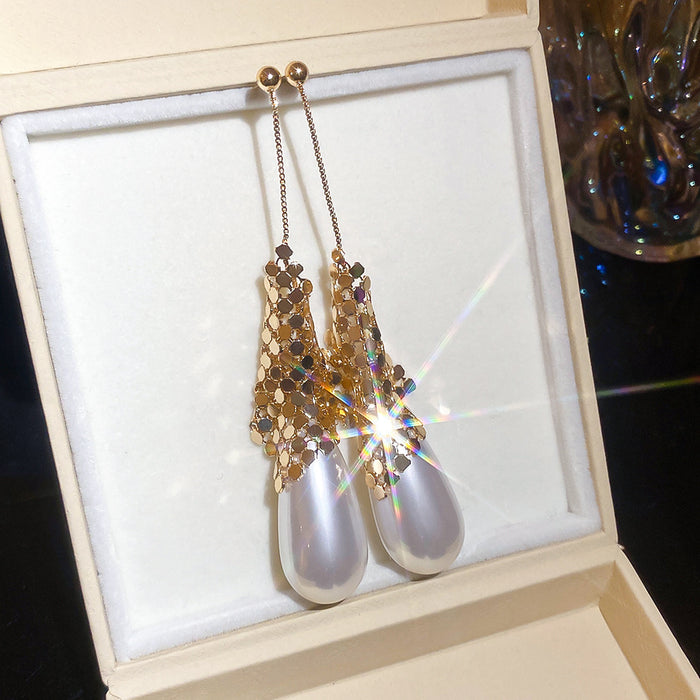 Long Teardrop Earrings with Metallic Sequins and Faux Pearls