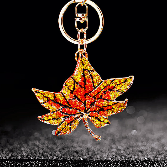 Crystal Autumn Maple Leaf Keychain with Red Orange and Yellow Stones
