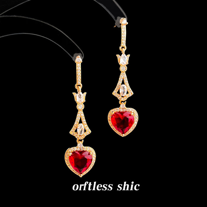 Gold Long Drop Red Heart CZ Earrings Pavé Halo Design