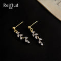 Gold Tone Clear Marquise Stone Wheat Leaf Long Drop Stud Earrings view 4
