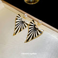 Gold Tone Striped Triangle Drop Earrings With Clear Crystal Studs view 2