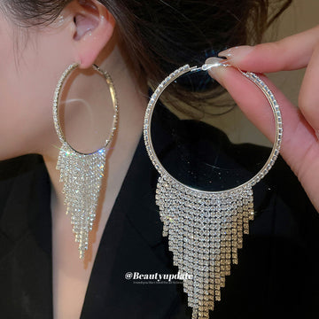 Large Crystal Fringe Hoop Drop Earrings in Silver Tone