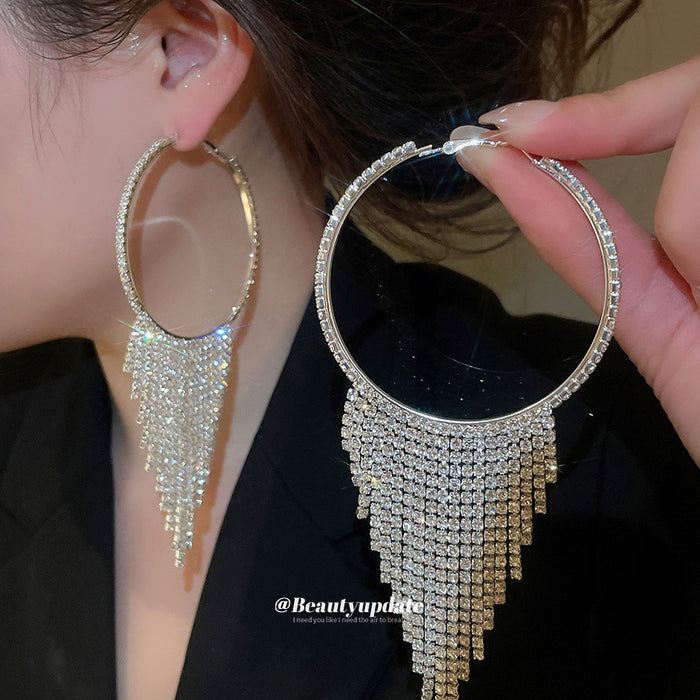 Large Crystal Fringe Hoop Drop Earrings in Silver Tone