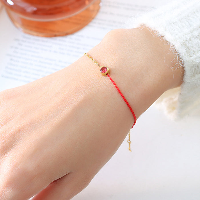 Gold Red Cord Birthstone Bracelet with Round Zircon Charm