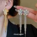 Floral Long Chain Tassel Stud Earrings in Silver and Gold Tones view 1