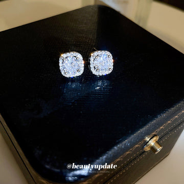 Silver Tone Square Halo Crystal Stud Polished Metal Polished Metal Earrings