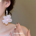 Pink Fabric Flower Dangle Earrings With Pearl Like Beads view 3