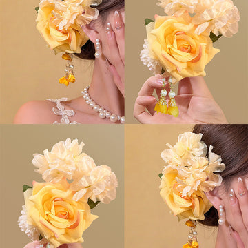 Yellow Fabric Rose Duckbill Hair Clip Pearl Tassel Drops