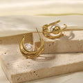 Gold Triple Band Faux Pearl Geometric Stud Earrings view 3