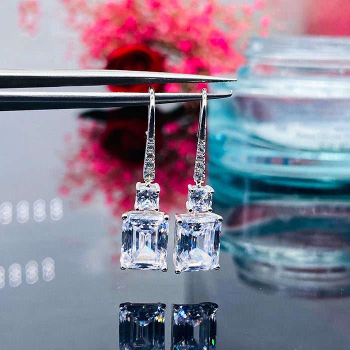 Silver Tone Square Clear Stone Leverback Drop Earrings