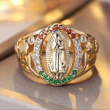 Religious Figure Multicolor Stone Signet Ring In Polished Gold Tone