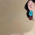 Turquoise Blue Flower and Red Teardrop Dangle Earrings view 2