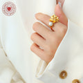 Gold Steel Open Flower Pearl Ring Adjustable Brass Band view 3