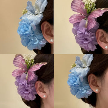 Blue Fabric Flower Pearl Accent Duckbill Hair Clip