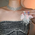 Multi Row Pearl Rhinestone Choker Pink Feather Bow Earrings view 1