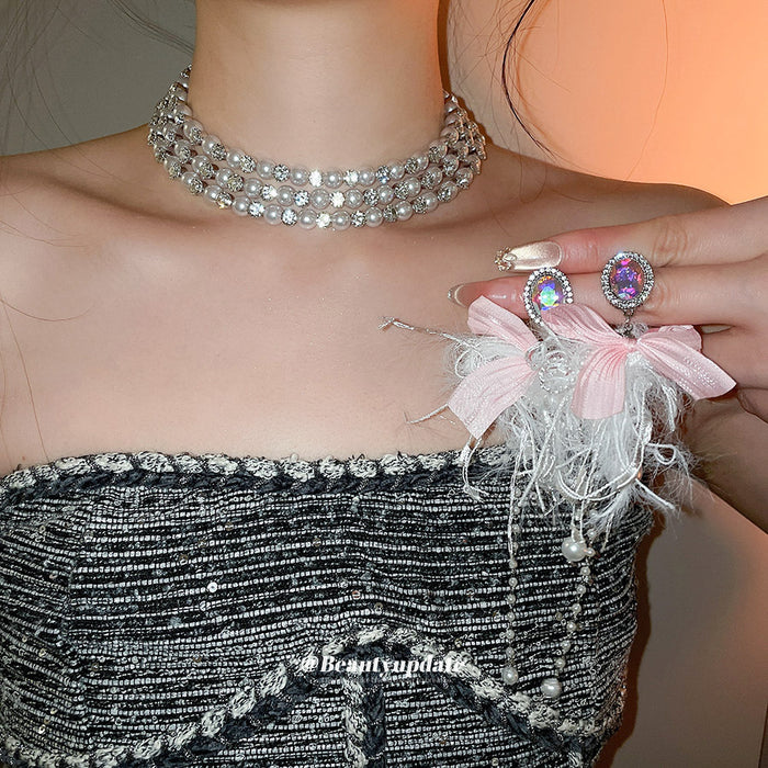 Multi Row Pearl Rhinestone Choker Pink Feather Bow Earrings