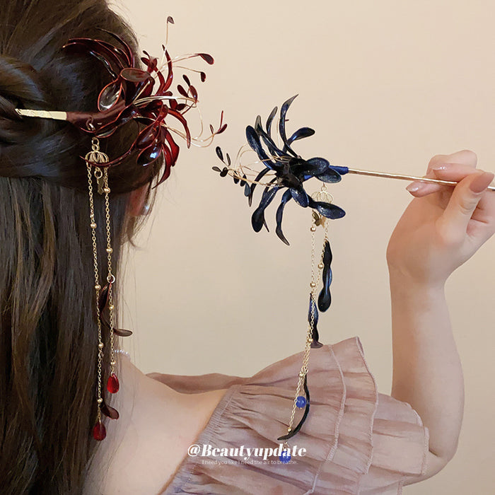 Red Or Blue Spider Lily Hair Stick With Long Petal Chain Tassels